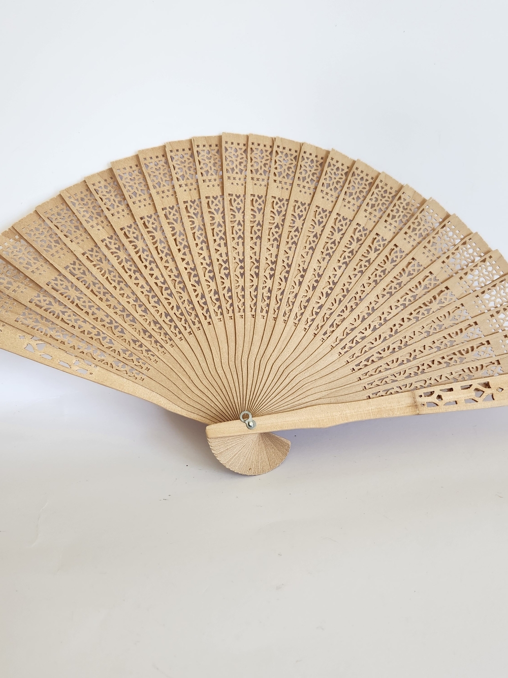 Beige Wooden Folding Hand Fan Ornate Carved